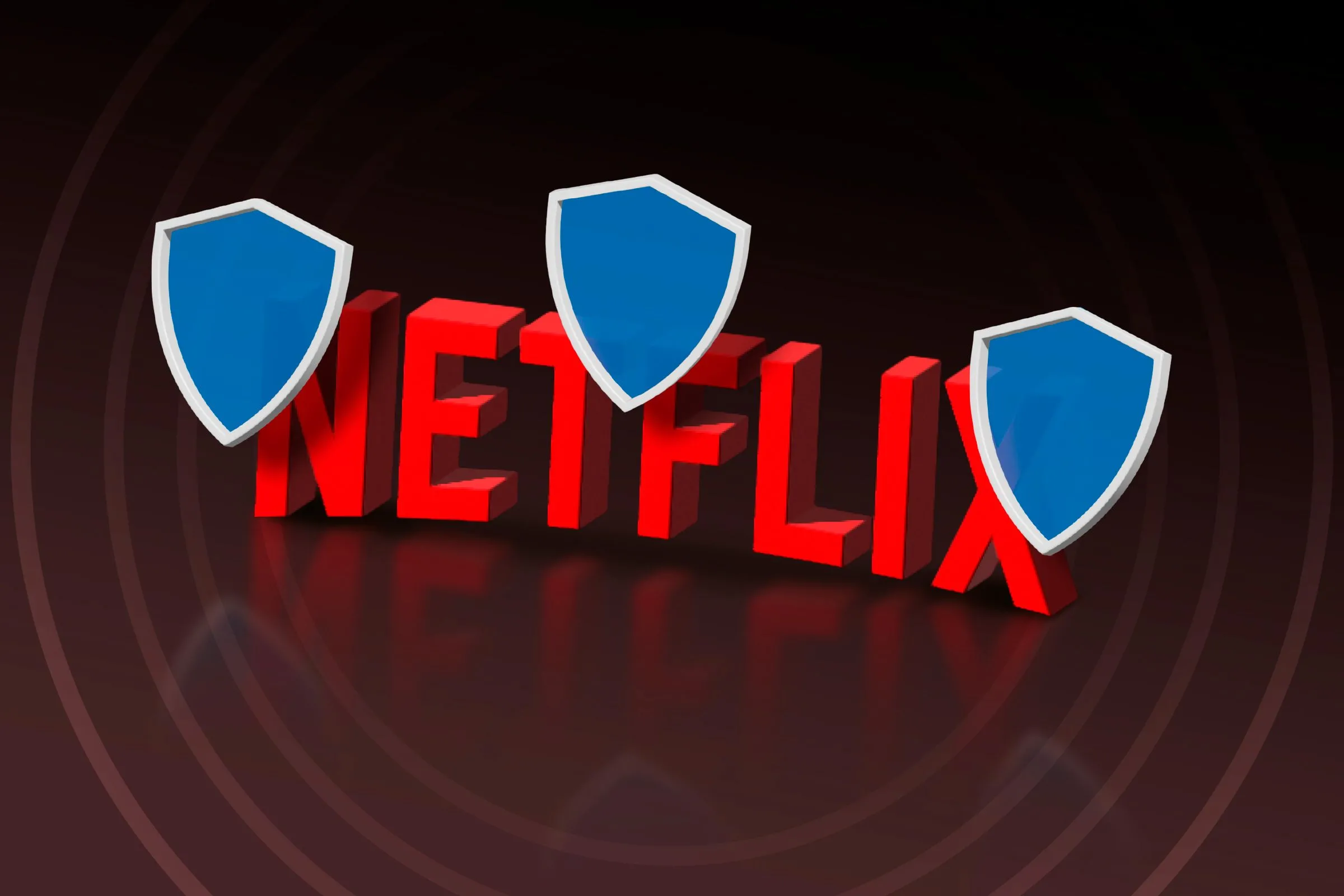 Logo Netflix 3D với các lá chắn bảo vệ tượng trưng cho tính năng VPN.