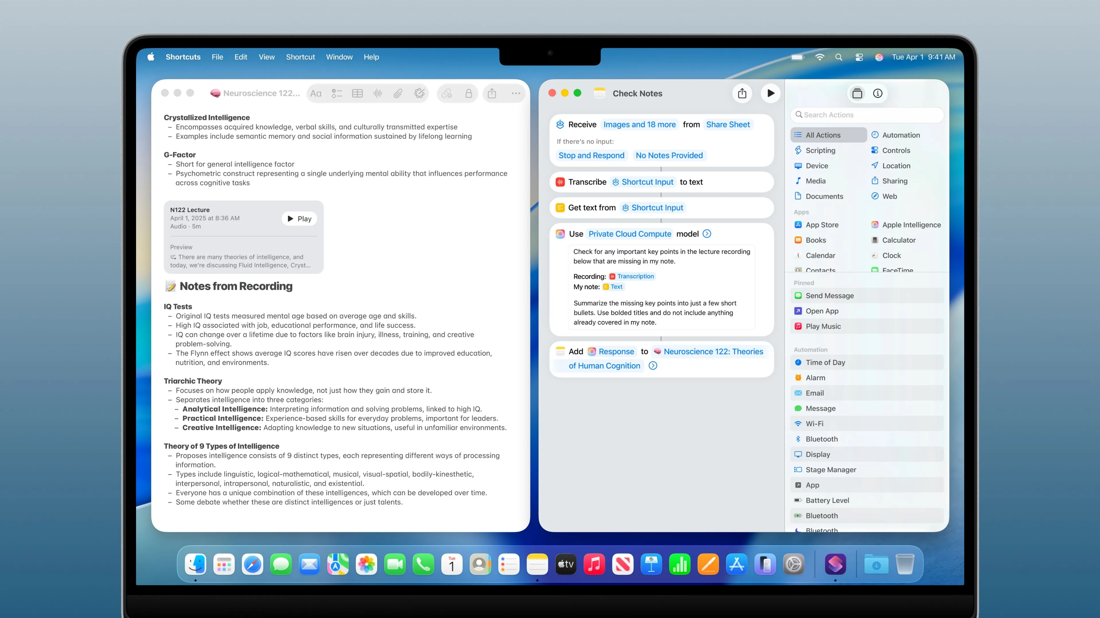 macOS Tahoe hiển thị quy trình tự động hóa trong ứng dụng Phím tắt sử dụng mô hình AI và các hành động của Apple Intelligence.