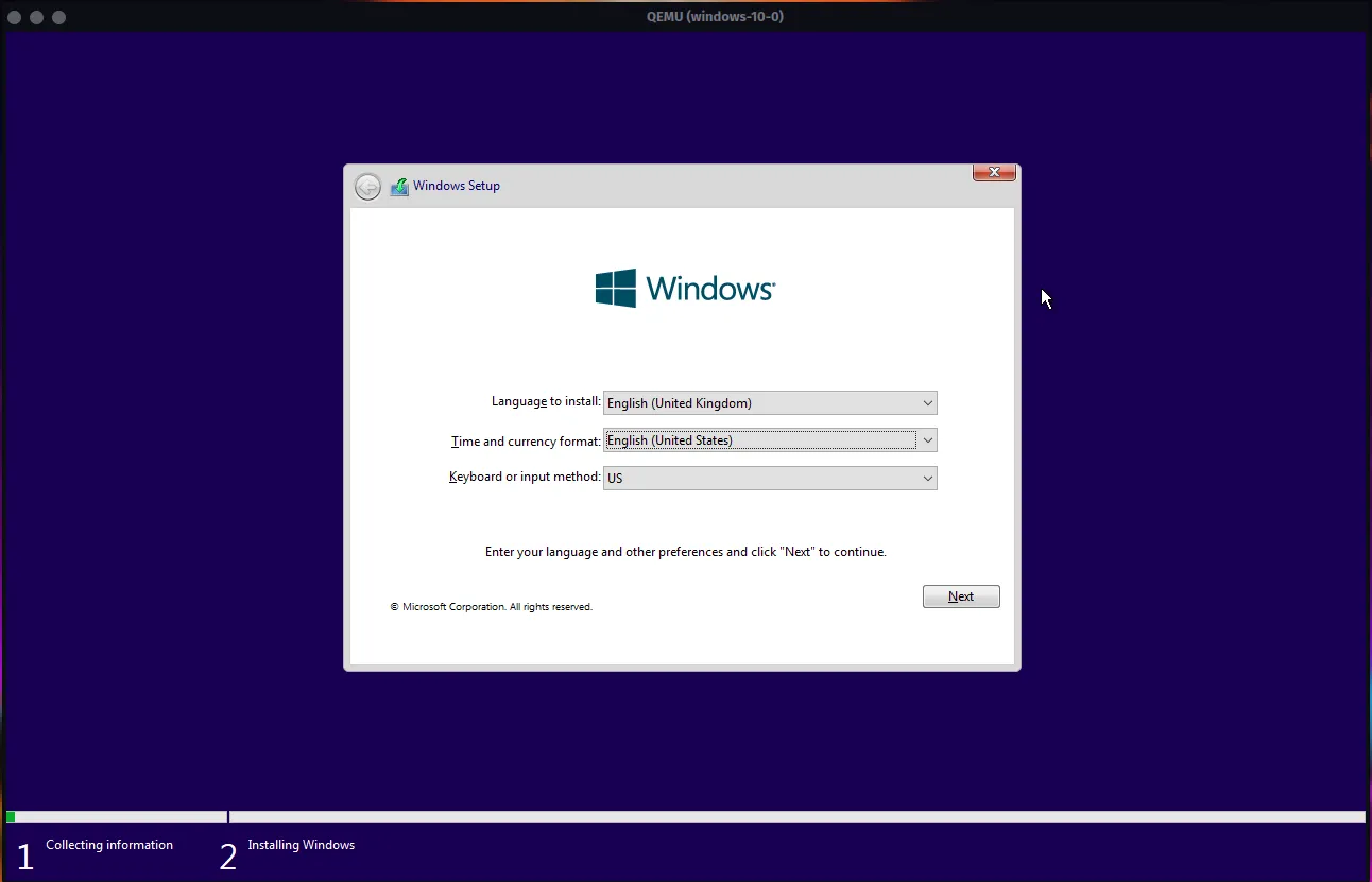 Màn hình cài đặt Windows 10 trong ứng dụng QEMU, minh họa quá trình khởi tạo hệ điều hành.