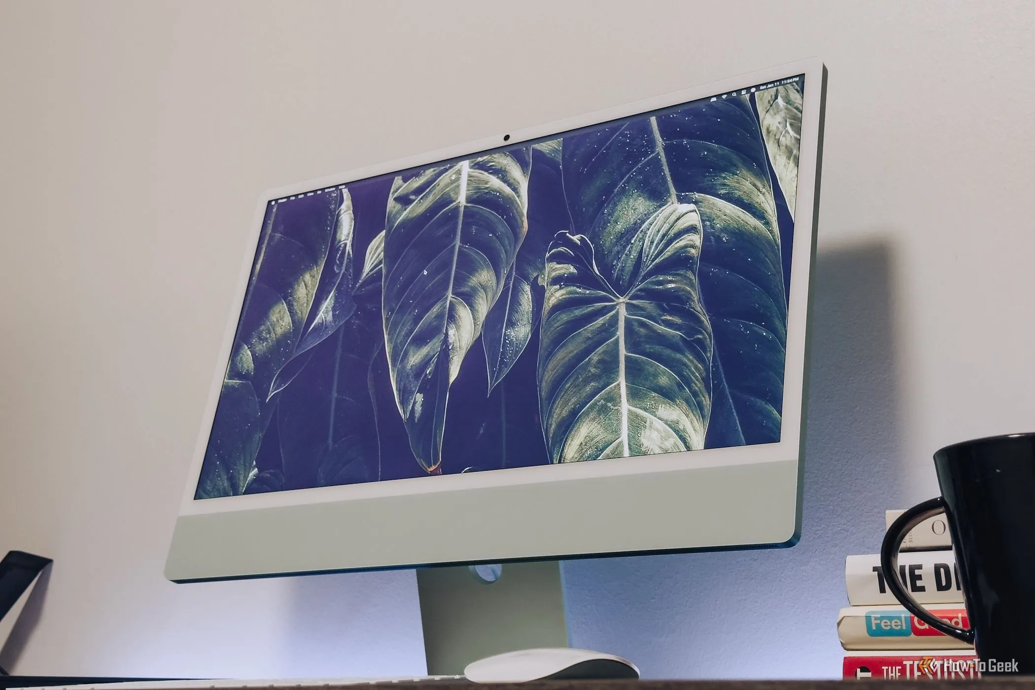 Màn hình iMac M4 màu xanh lá hiển thị nội dung, góc nhìn thấp, cho thấy độ phân giải sắc nét