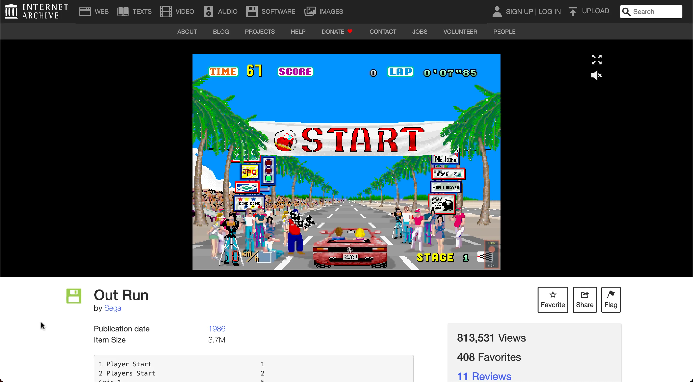 Màn hình Internet Archive với trò chơi Outrun đang chạy trên trình duyệt.