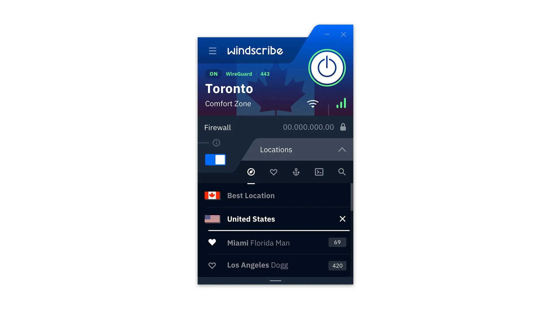 Màn hình máy khách VPN dành cho máy tính để bàn của Windscribe với giao diện tối.