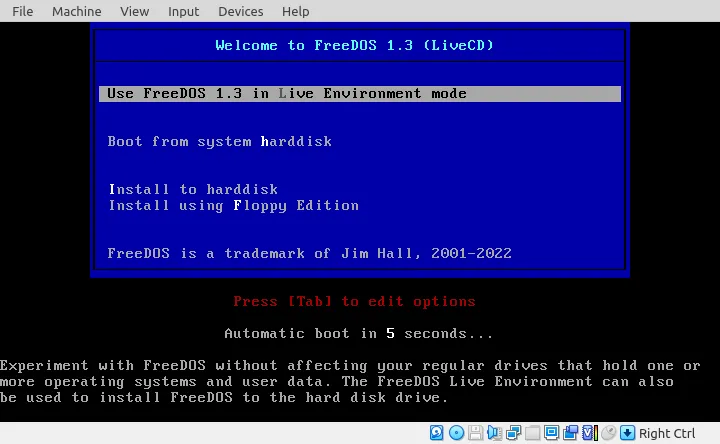Màn hình tùy chọn khởi động của FreeDOS sau khi tải từ tệp ISO.