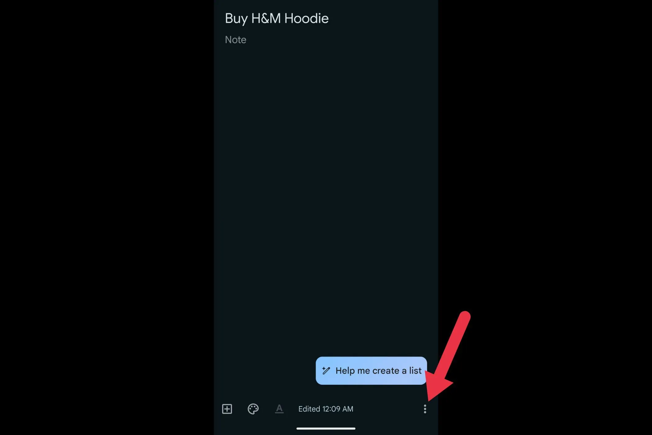 Menu ba chấm trong Google Keep