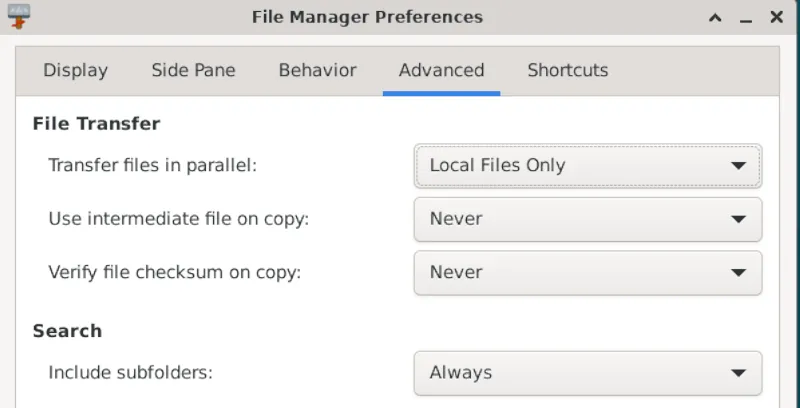 Menu tùy chỉnh cài đặt của trình quản lý file Xfce, minh họa khả năng tùy biến sâu rộng của môi trường desktop này.
