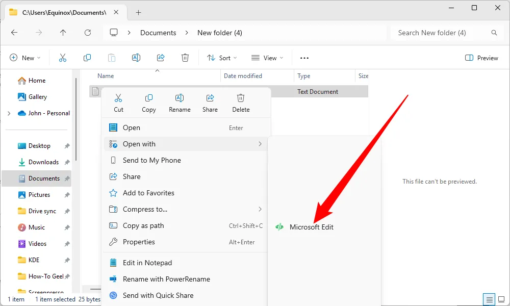 Microsoft Edit xuất hiện trong menu &quot;Mở bằng&quot; khi nhấp chuột phải vào file văn bản.