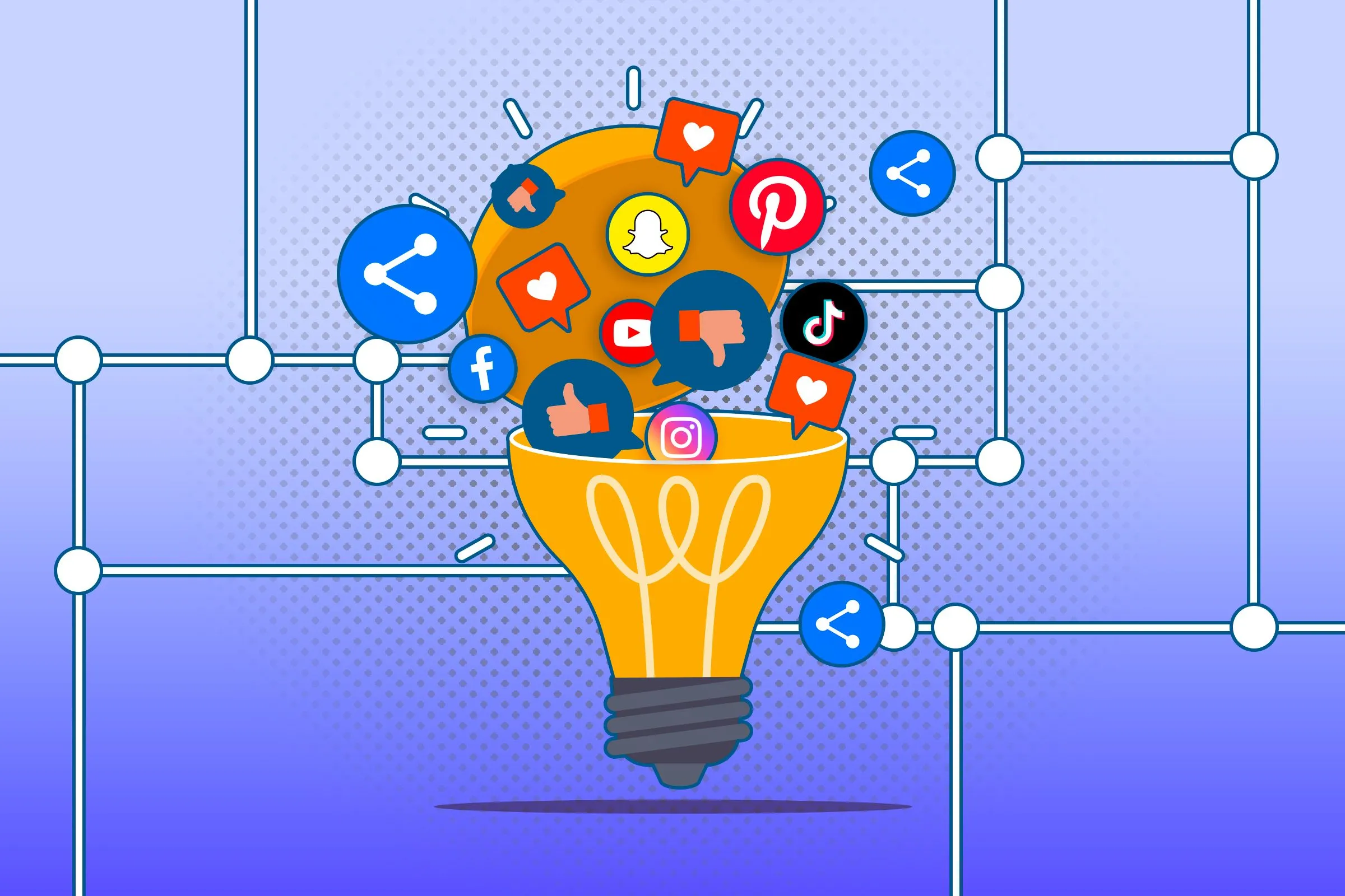 Minh họa bóng đèn với các biểu tượng mạng xã hội như X, Facebook, Instagram, kèm theo biểu tượng lượt thích và chia sẻ, đại diện cho thuật toán và sự tương tác trên mạng xã hội.