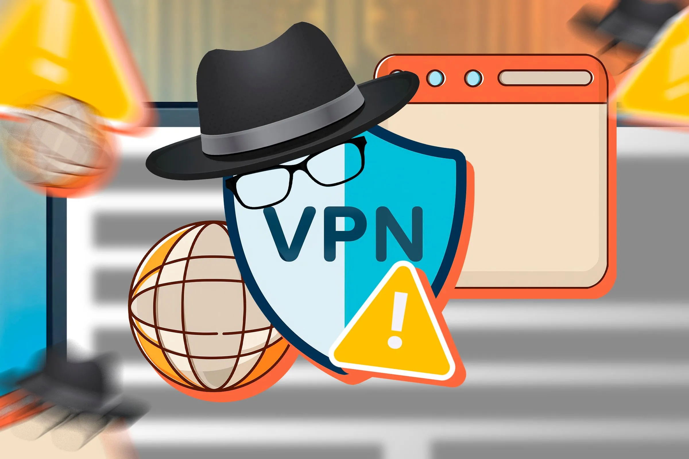 Minh họa các nguy cơ bảo mật khi duyệt web, bao gồm VPN, hacker và cảnh báo