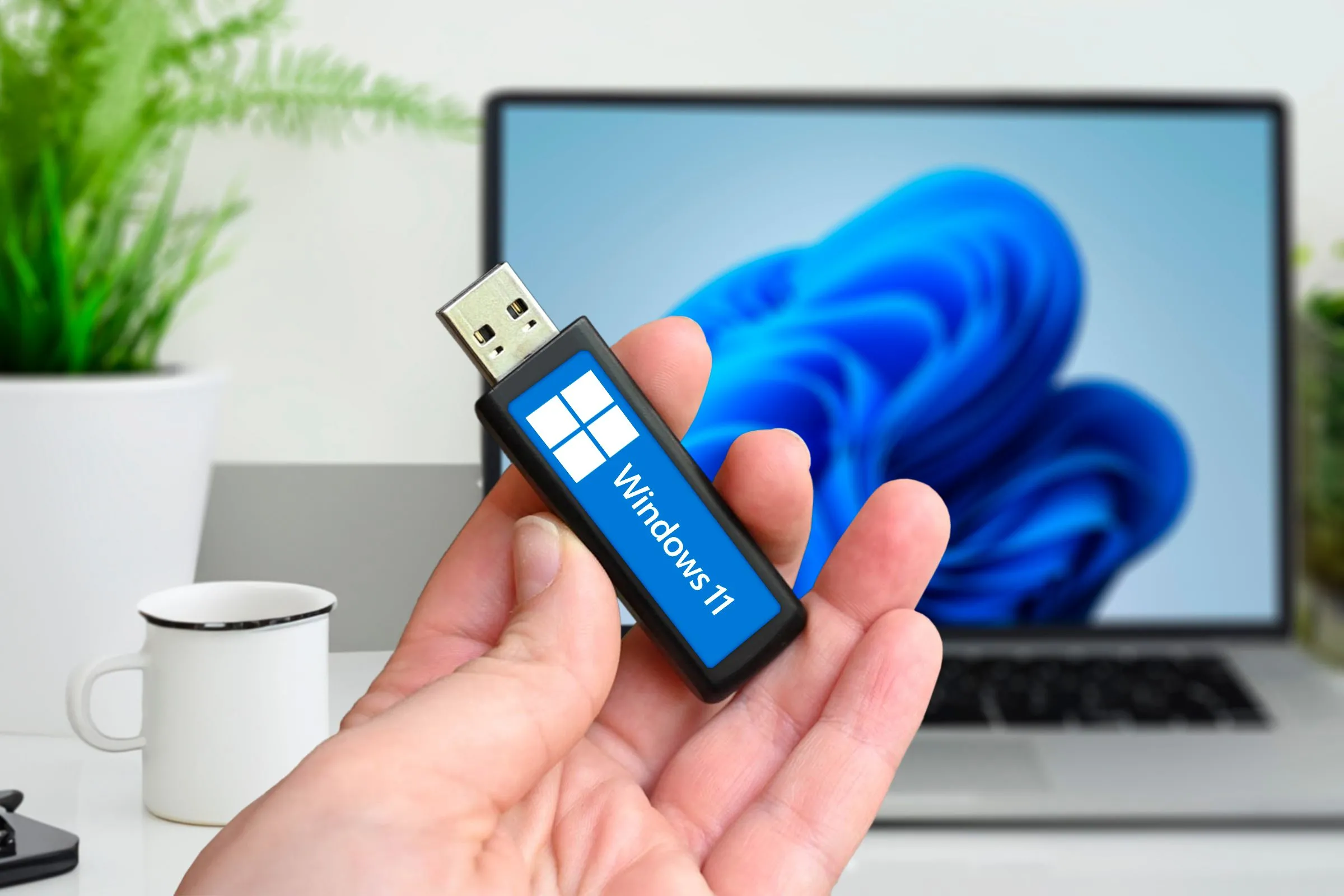 Người cầm USB cài Windows 11, phía sau là laptop đang hiển thị giao diện cài đặt