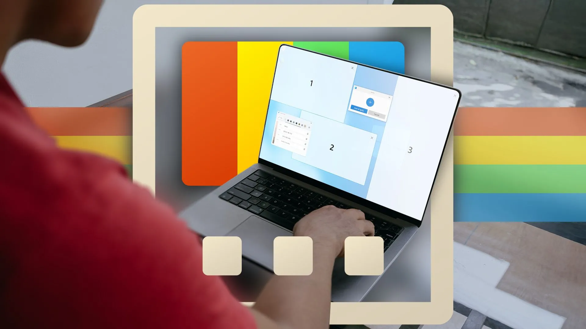Người dùng đang sử dụng laptop với tính năng FancyZones của PowerToys, một công cụ tăng năng suất trên Windows
