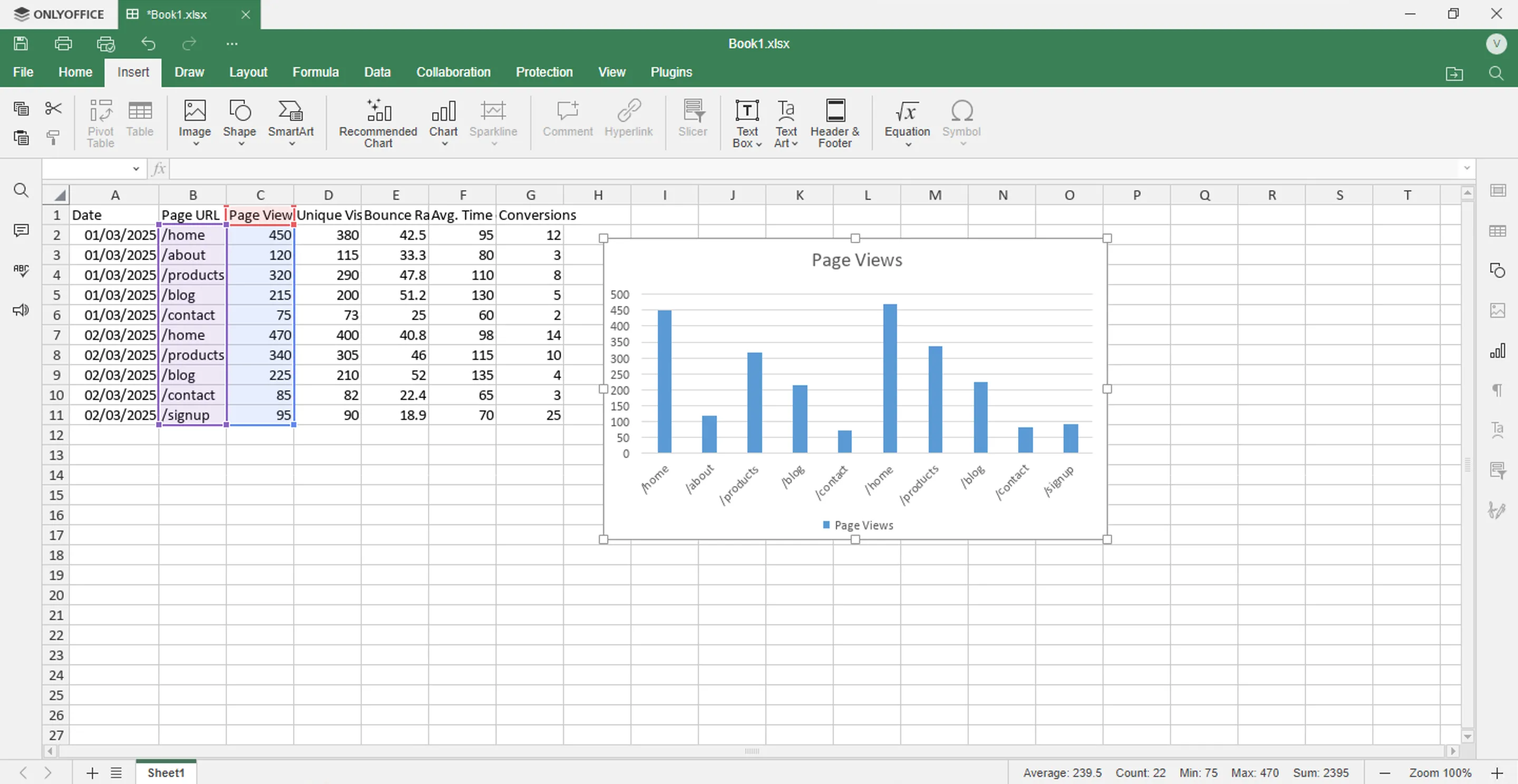 OnlyOffice Spreadsheet Editor hiển thị dữ liệu mẫu