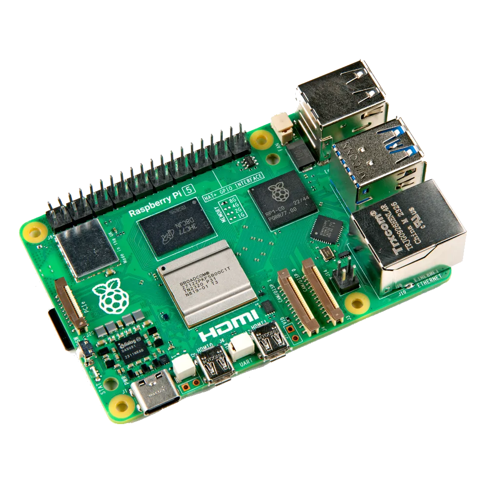 Raspberry Pi 5 với thiết kế nhỏ gọn, các cổng kết nối và chip xử lý rõ nét trên bo mạch.