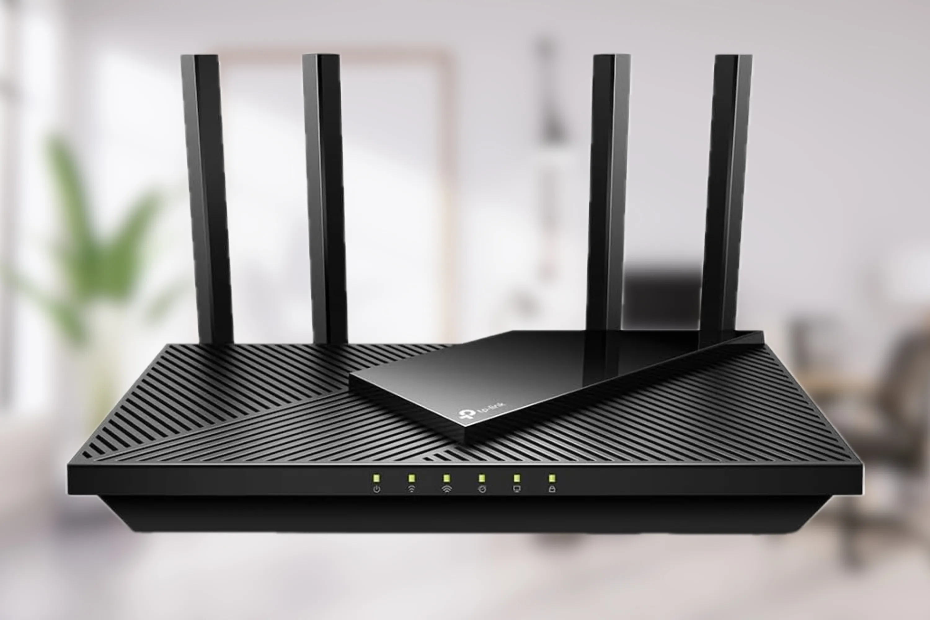 Router TP-Link Archer AX21 đặt trên mặt phẳng với hậu cảnh mờ ảo