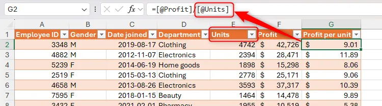 Tham chiếu có cấu trúc trong Excel đã tự động cập nhật để phản ánh sự thay đổi tên cột, minh họa tính linh hoạt của nó.