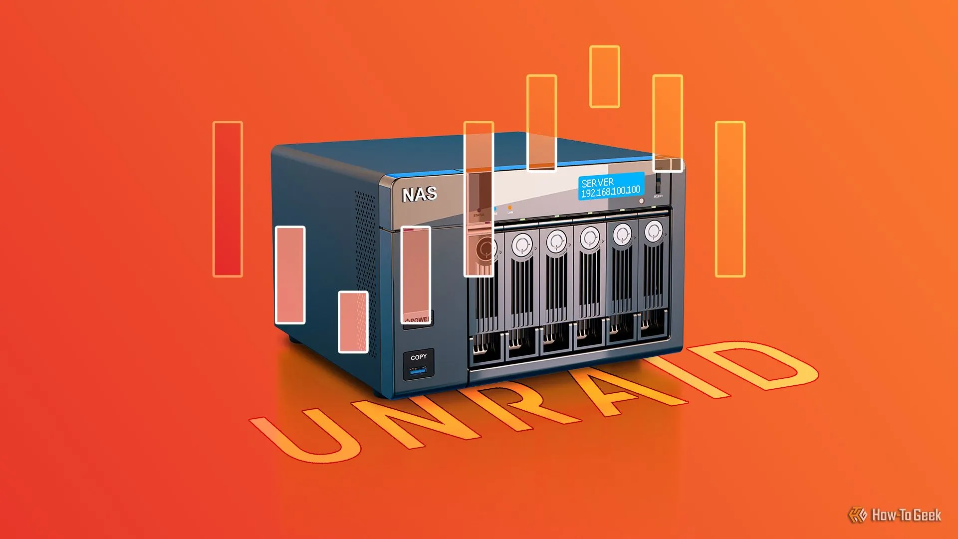 Thiết bị máy chủ NAS hiển thị logo Unraid nổi bật ở trung tâm, minh họa giải pháp lưu trữ dữ liệu Unraid