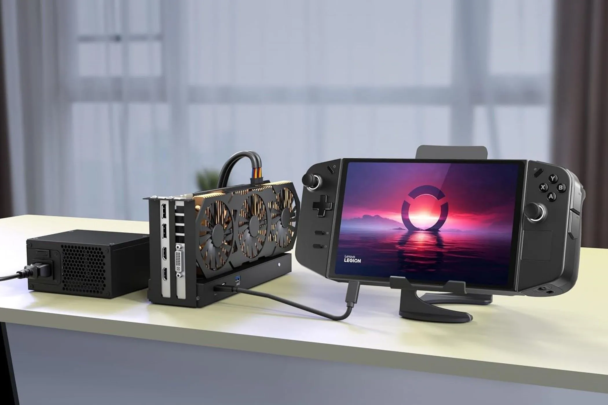 Thiết bị TREBLEET Thunderbolt 3 eGPU Mini Enclosure với card đồ họa và PSU, kết nối với Lenovo Legion GO.