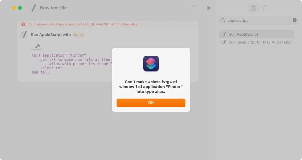 Thông báo lỗi trong ứng dụng Phím tắt macOS khi AppleScript không thể tìm thấy cửa sổ Finder, minh họa vấn đề người dùng có thể gặp phải.
