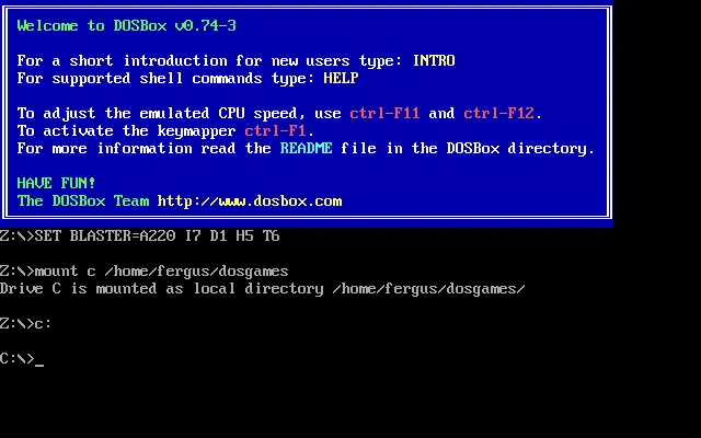 Thực hiện lệnh mount thư mục thành ổ C: trong môi trường DOSBox trên Linux.