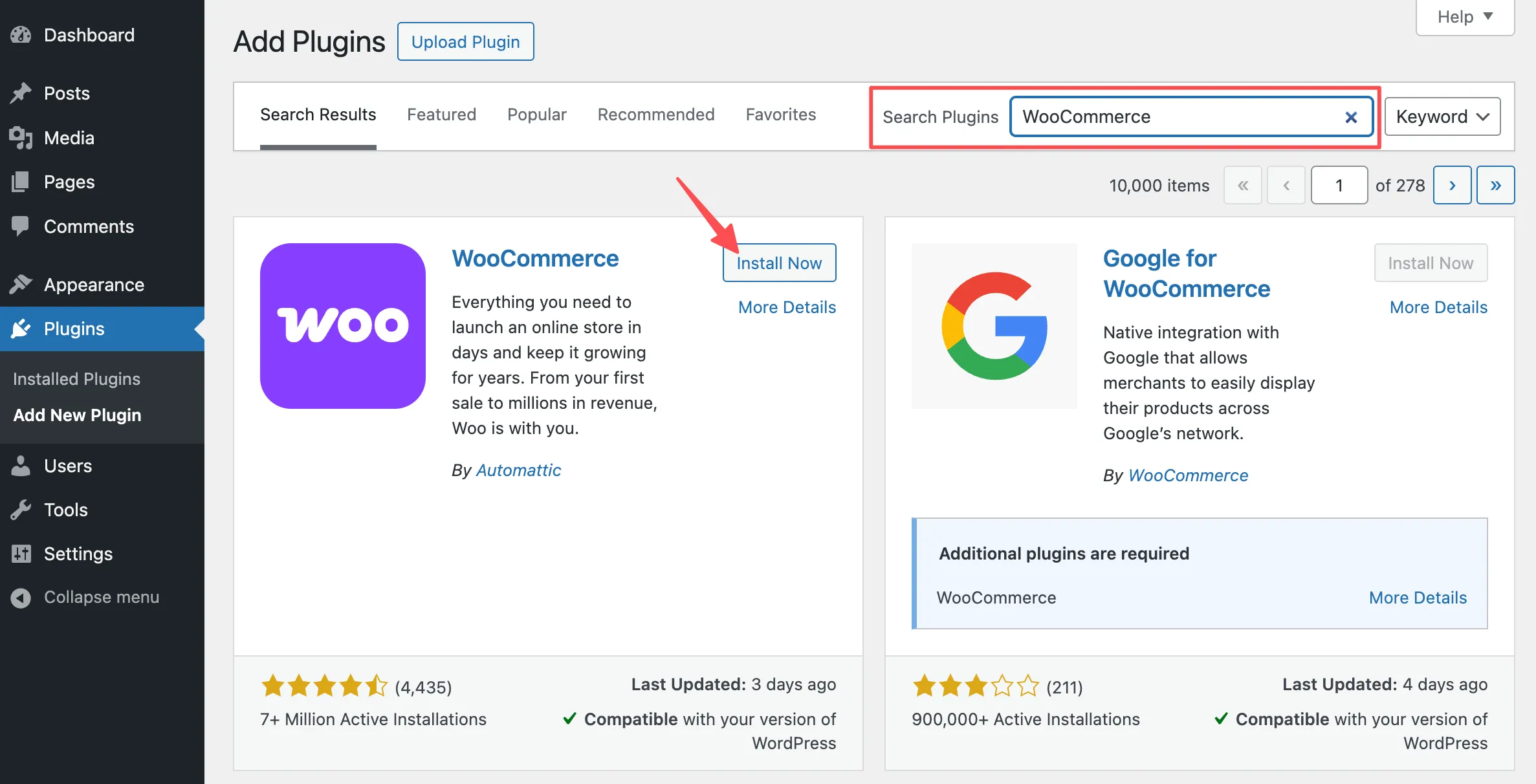 Tìm kiếm và hiển thị plugin WooCommerce thông qua màn hình Thêm Plugin của WordPress