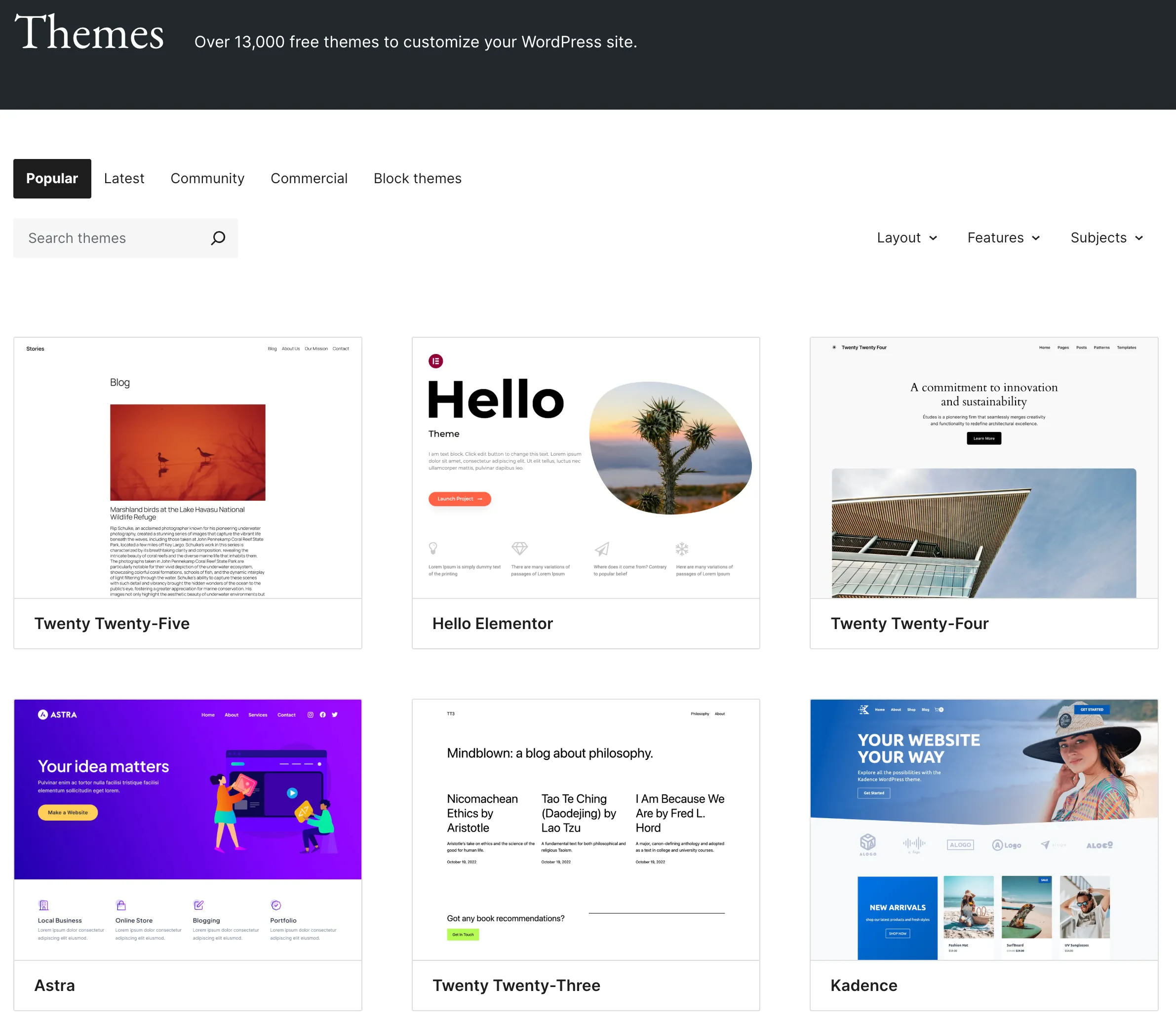 Trang chủ đề WordPress hiển thị sáu chủ đề phổ biến từ kho lưu trữ chính thức