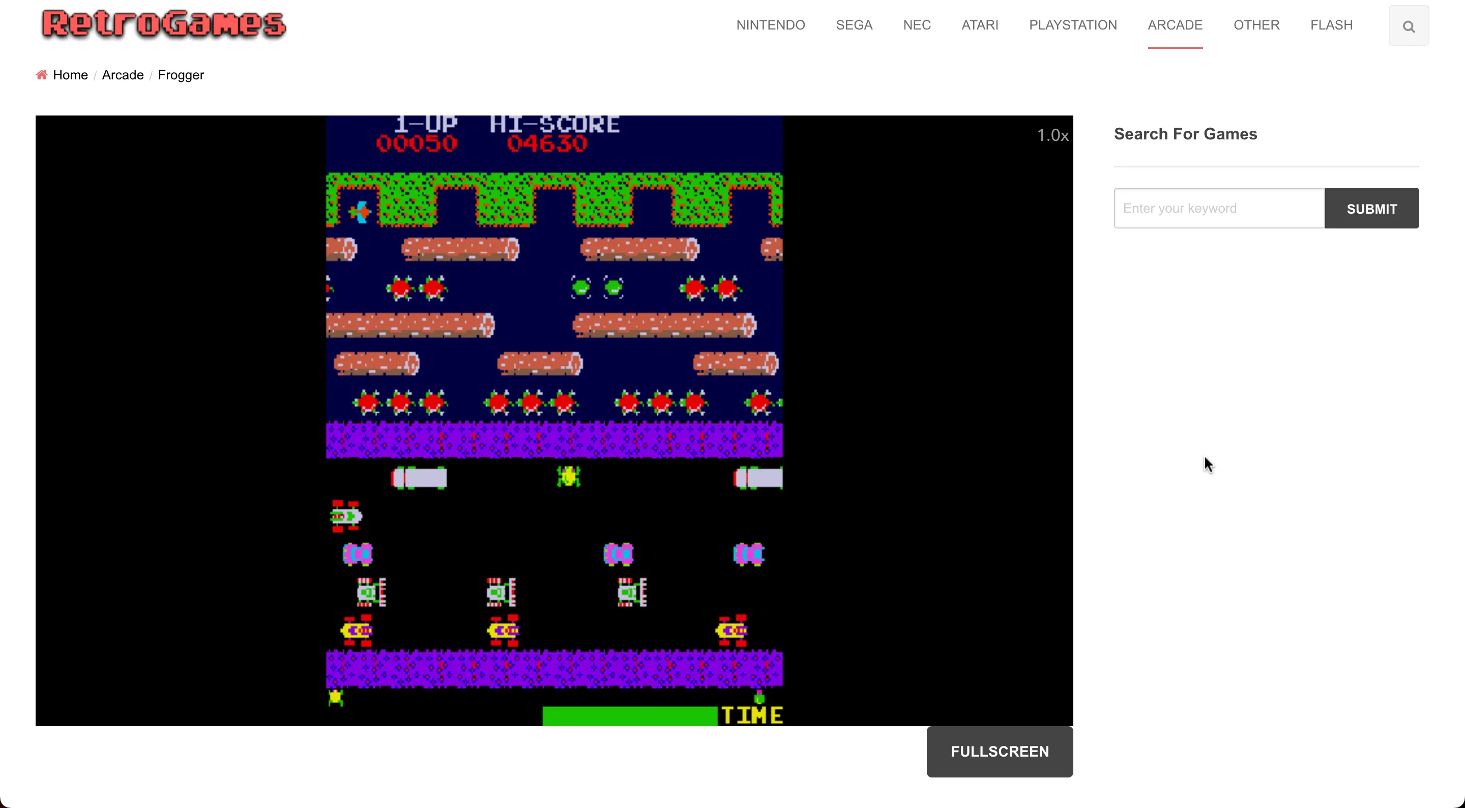 Trang web RetroGames hiển thị trò chơi Frogger đang hoạt động.