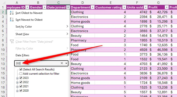 Trường tìm kiếm trong bộ lọc của bảng Excel, giúp nhanh chóng tìm kiếm và lọc các giá trị cụ thể trong cột.