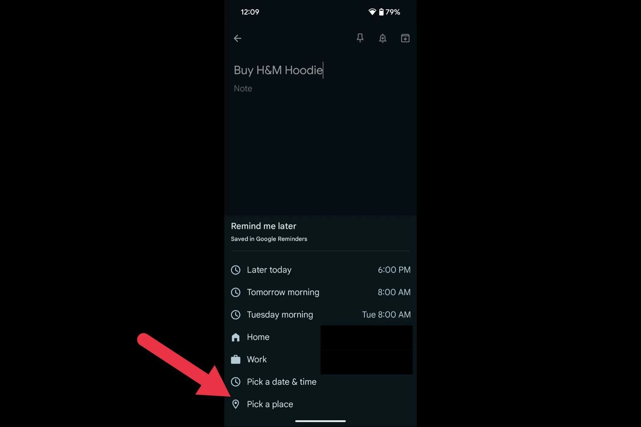 Tùy chọn chọn một địa điểm trong Google Keep