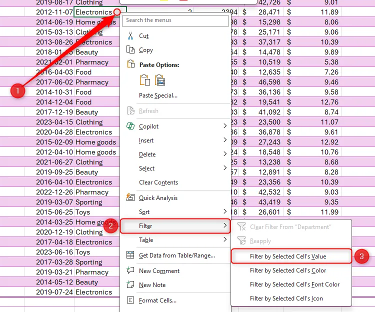 Tùy chọn &quot;Filter By Selected Cell's Value&quot; được chọn từ menu chuột phải trong Excel, cho phép lọc dữ liệu dựa trên giá trị của ô được chọn.