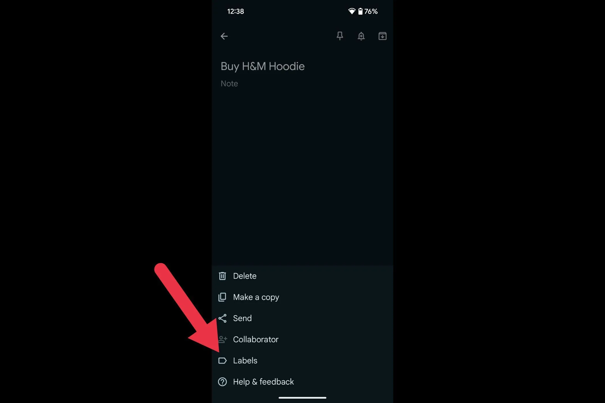 Tùy chọn nhãn trong menu Google Keep
