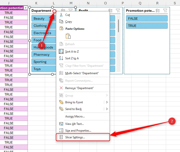Tùy chọn &quot;Slicer Settings&quot; được chọn trong menu chuột phải của một slicer trong Excel, cho phép tùy chỉnh nâng cao bộ lọc này.
