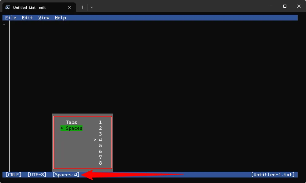 Tùy chọn thiết lập sử dụng khoảng trắng (Spaces) hoặc tab (Tab) trong Microsoft Edit.