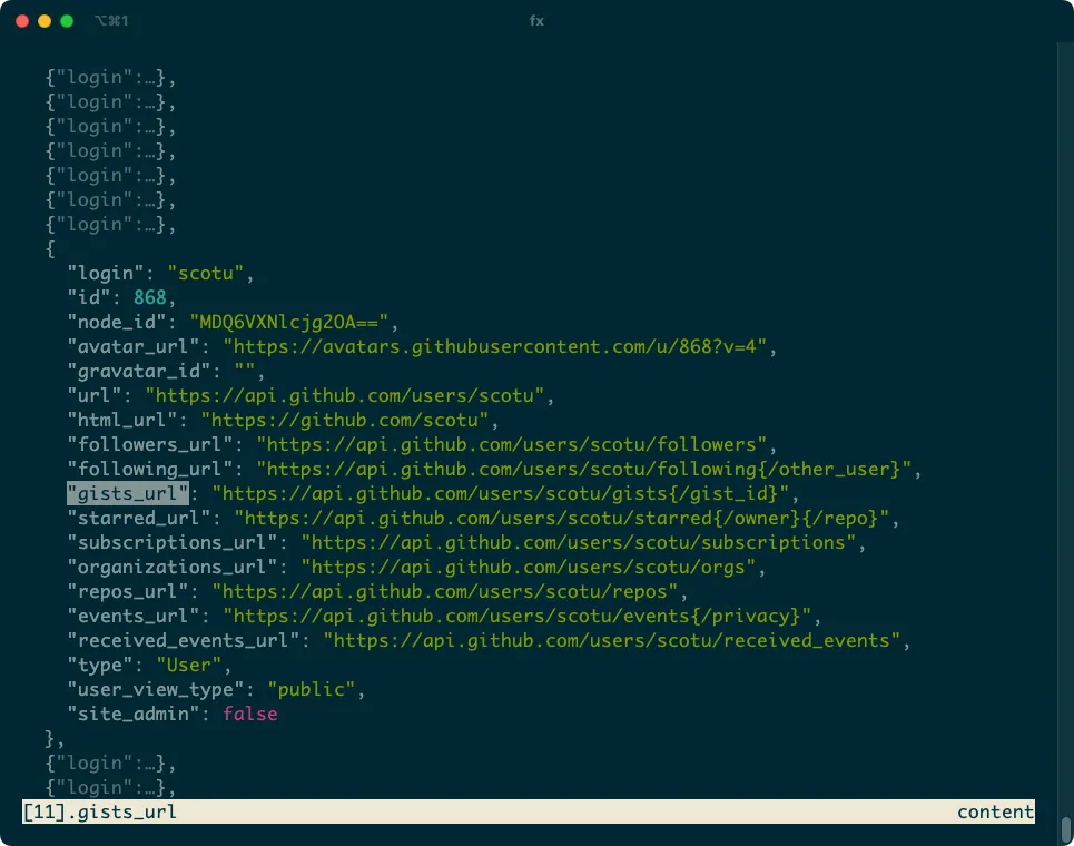 Ứng dụng Fx TUI hiển thị dữ liệu JSON, phần lớn được nén, với một đối tượng được mở rộng để dễ đọc