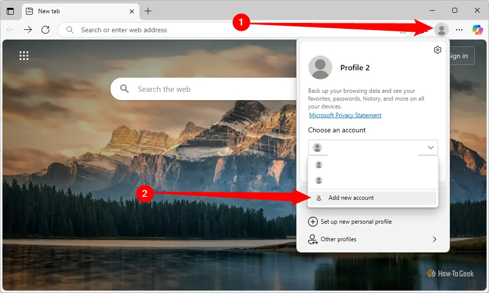 Biểu tượng tài khoản người dùng trong Microsoft Edge, nằm gần thanh địa chỉ, hiển thị tùy chọn thêm tài khoản mới.