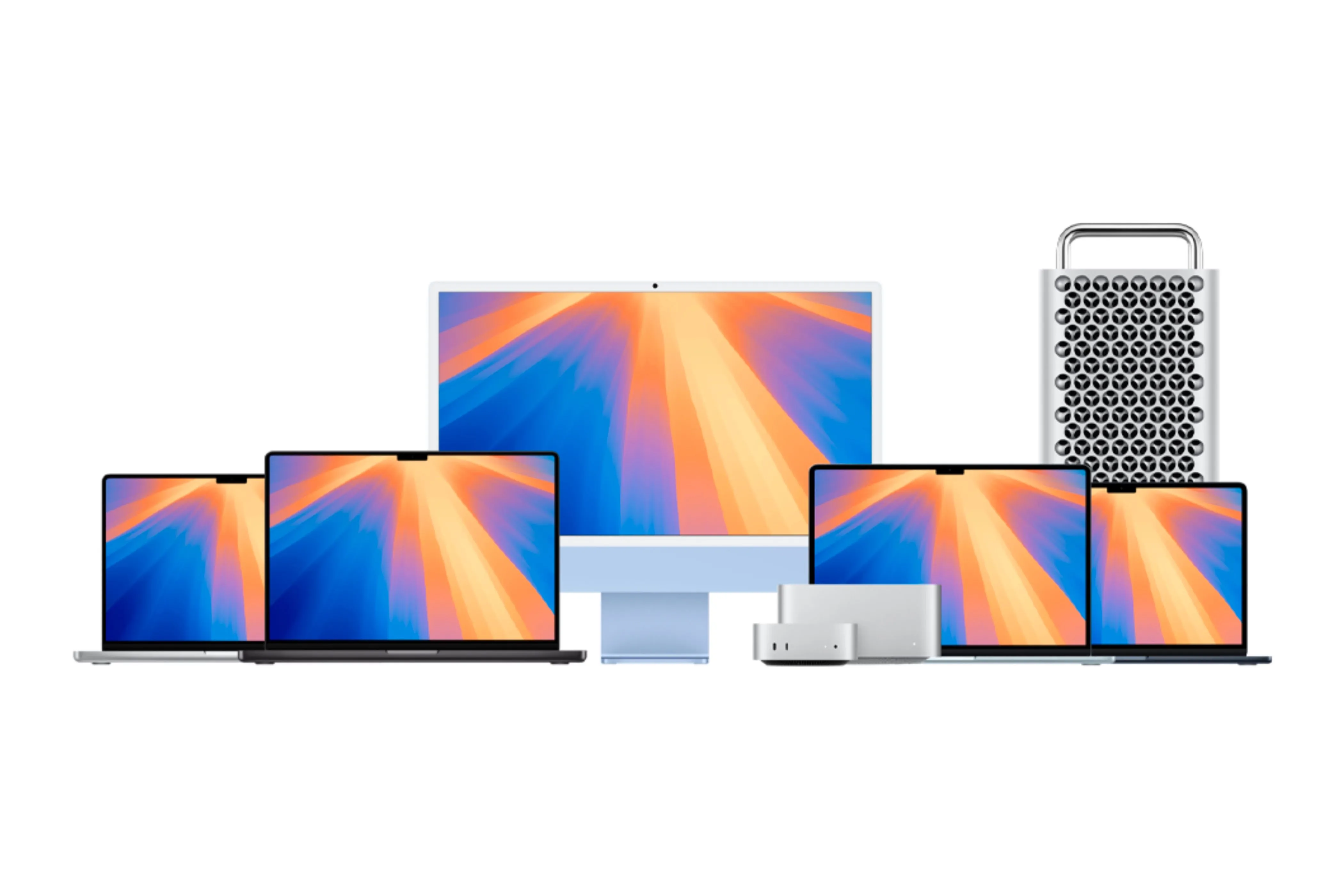 Các mẫu máy Mac khác nhau của Apple được xếp cạnh nhau, thể hiện sự đa dạng về thiết kế và cấu hình