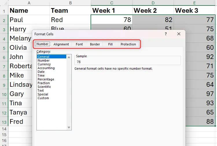 Các tab trong hộp thoại Định dạng Ô trong Excel được tô sáng