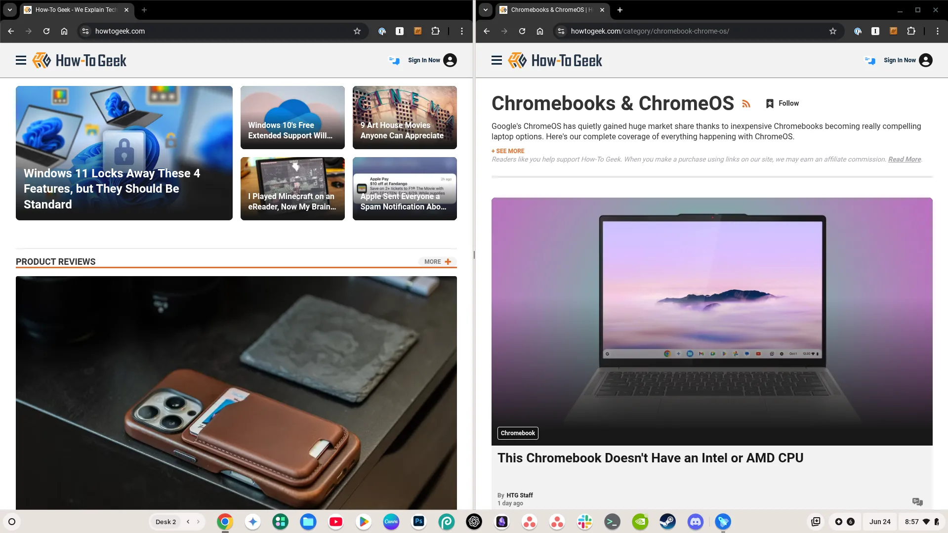 Chế độ chia đôi màn hình trên Chromebook hiển thị hai cửa sổ Chrome đang mở trang How-To Geek.