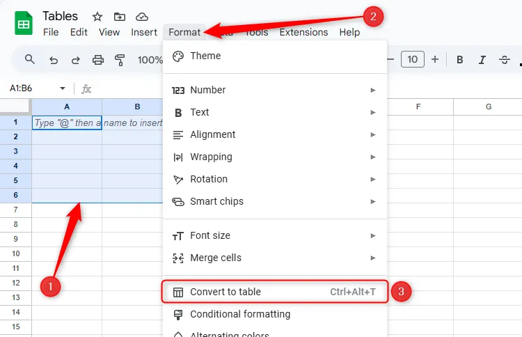 Chọn vùng ô trong Google Sheets và chức năng "Chuyển đổi thành bảng"