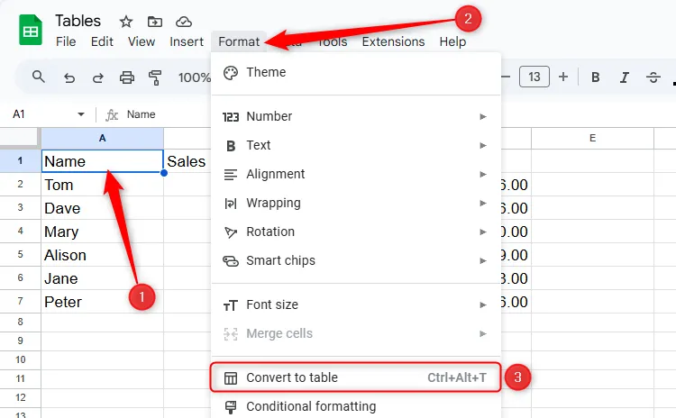 Chuyển đổi dữ liệu có sẵn thành bảng trong Google Sheets