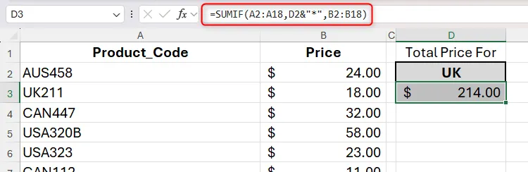 Công thức SUMIF trong Excel sử dụng tham chiếu ô và ký tự đại diện để tính tổng giá sản phẩm theo điều kiện.