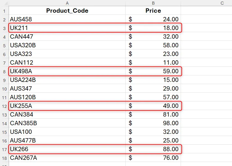 Danh sách mã sản phẩm trong Excel, các mã có chứa &quot;UK&quot; được tô sáng, chuẩn bị cho hàm SUMIF.