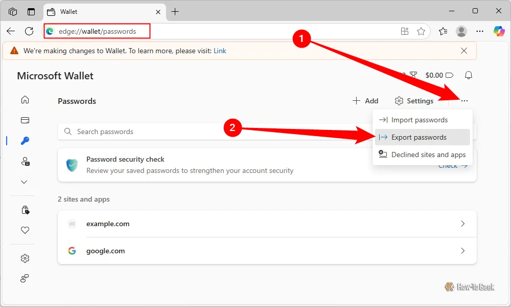 Giao diện cài đặt mật khẩu trong Microsoft Edge, hiển thị nút ba chấm và tùy chọn &quot;Xuất mật khẩu&quot;.