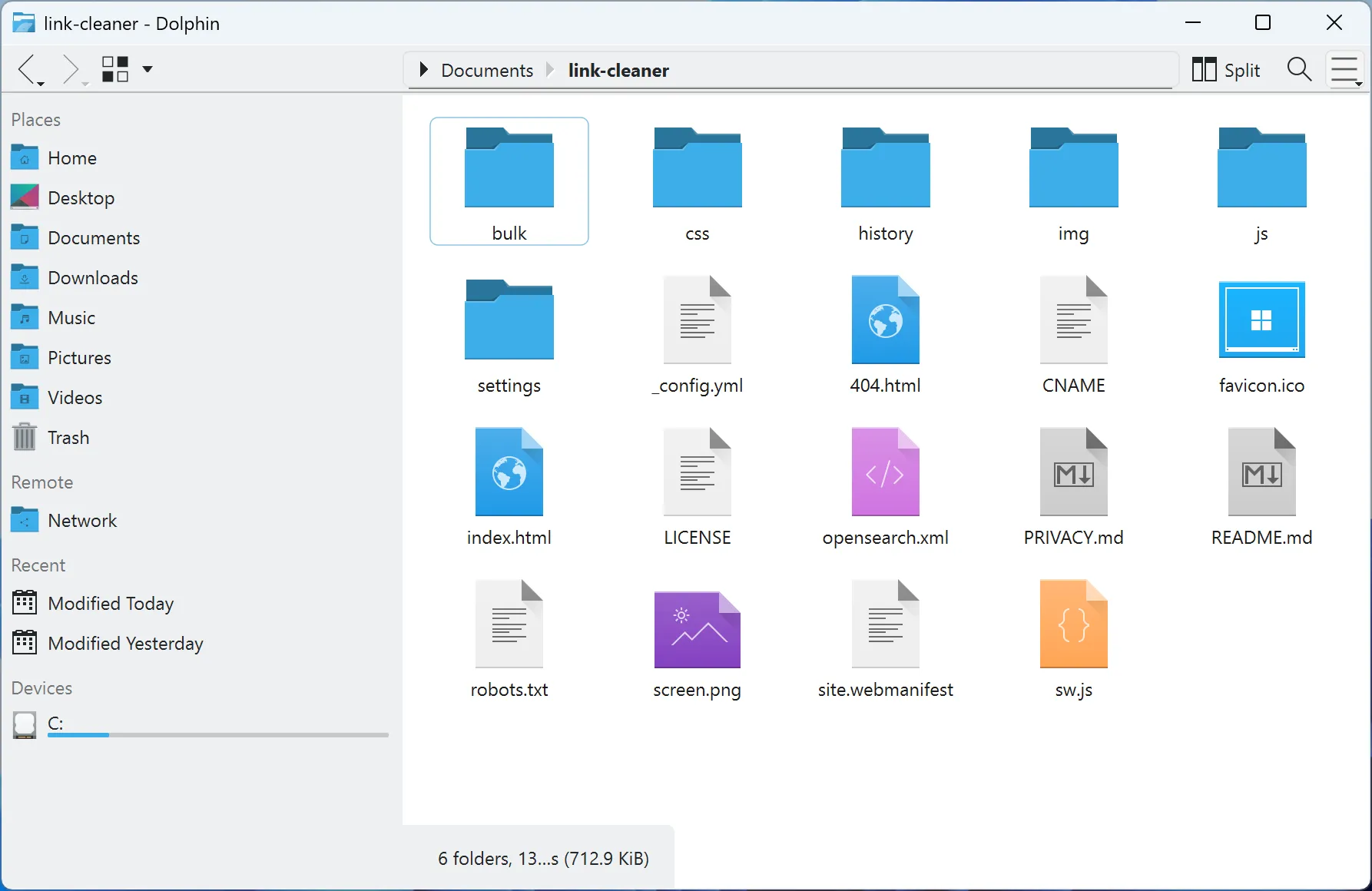 Giao diện thư mục trong trình quản lý tệp Dolphin trên Windows