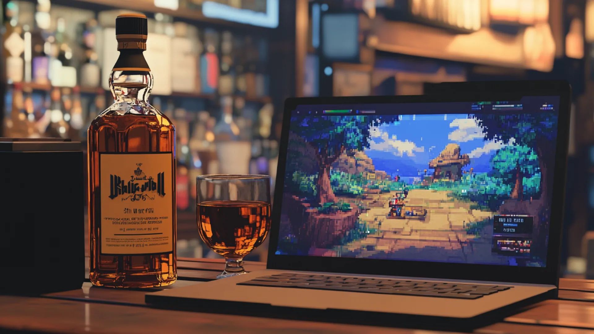 Hình ảnh pixel art minh họa MacBook đang chạy game nhờ công cụ Whiskey, một giải pháp hiệu quả cho việc chơi game Windows trên macOS.