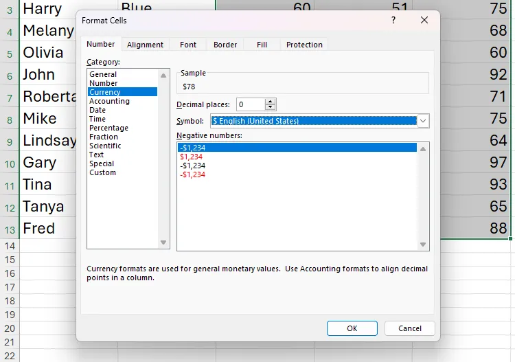 Hộp thoại Định dạng Ô trong Microsoft Excel, với tùy chọn Tiền tệ được chọn trong tab Số, và cài đặt thập phân và ký hiệu đã được điều chỉnh