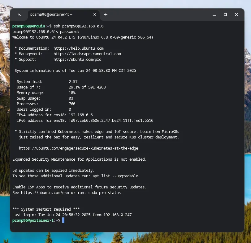 Kết nối SSH vào máy chủ từ xa thông qua terminal Linux trên ChromeOS, hiển thị lệnh và kết quả.