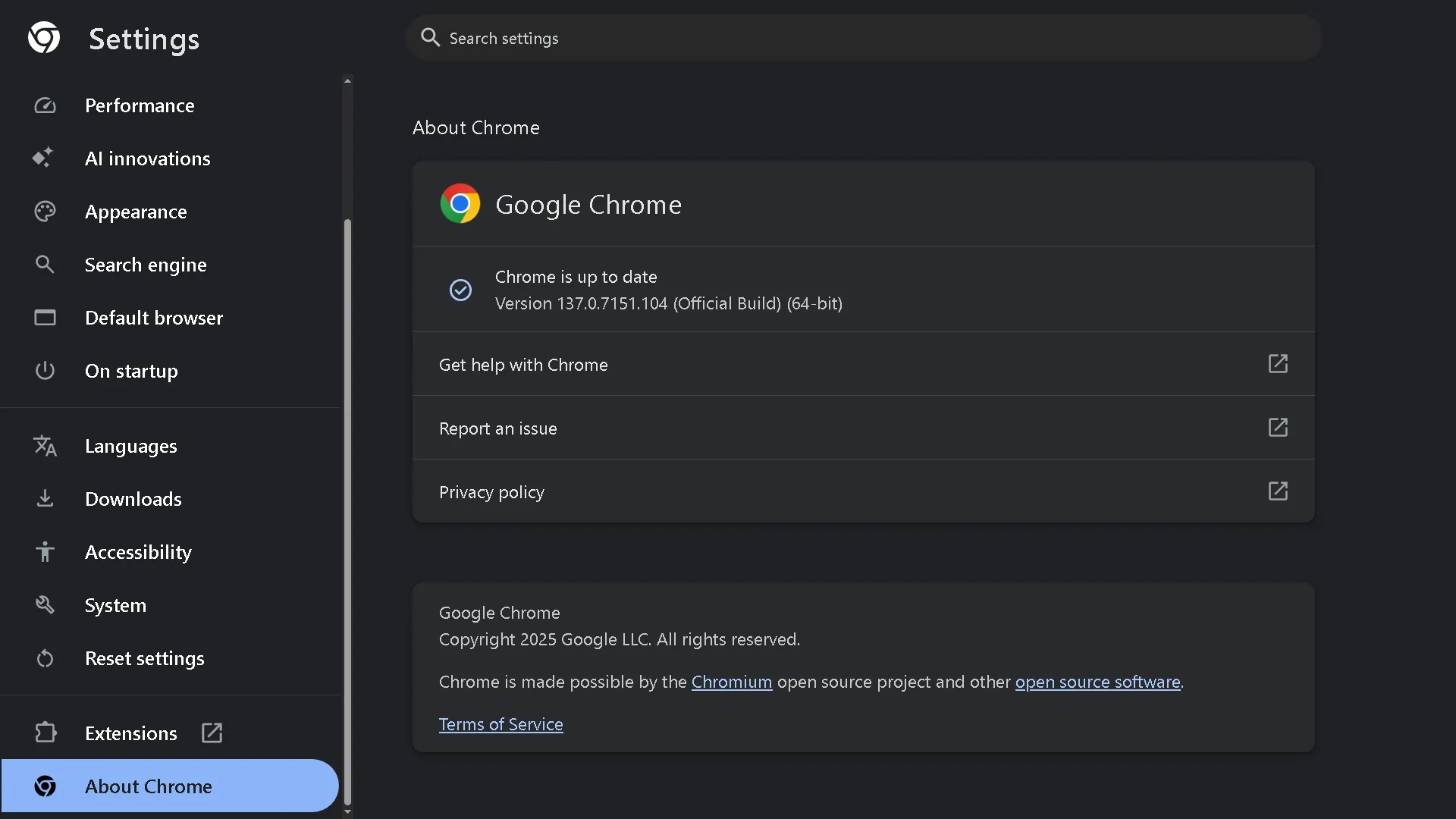 Kiểm tra và cập nhật Google Chrome trong tab Giới thiệu về Chrome