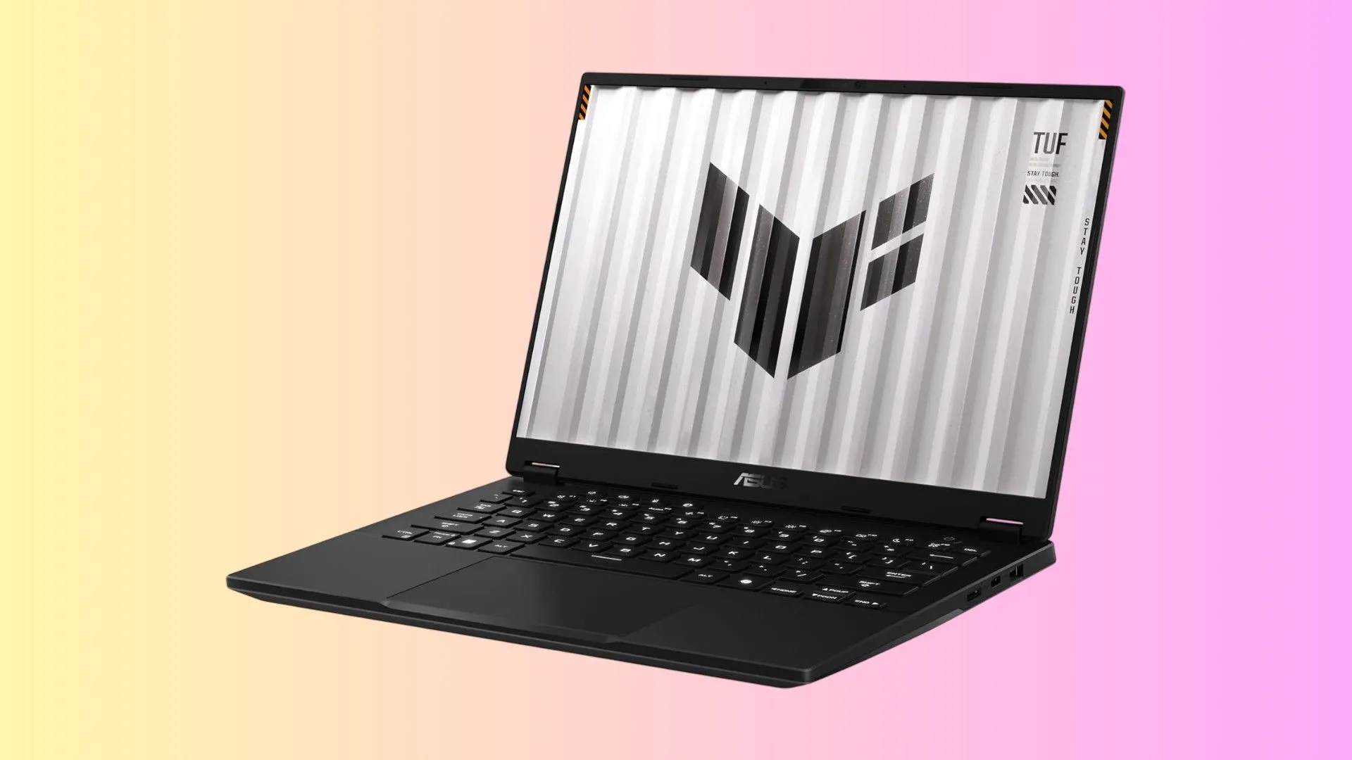 Laptop ASUS TUF Gaming A14 màu đen xám với logo TUF và bàn phím có đèn nền