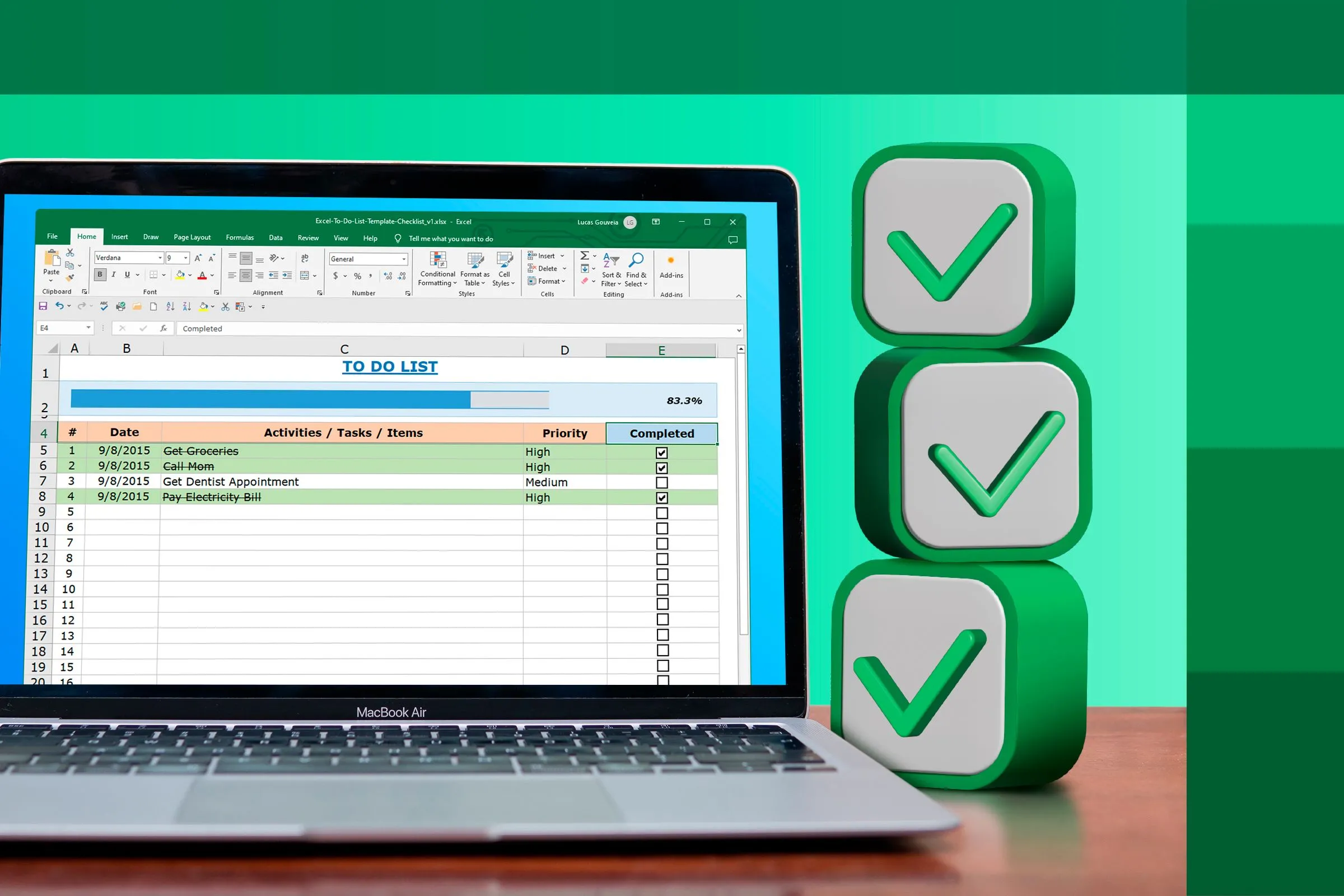MacBook với bảng tính Excel và một số hộp kiểm bên cạnh
