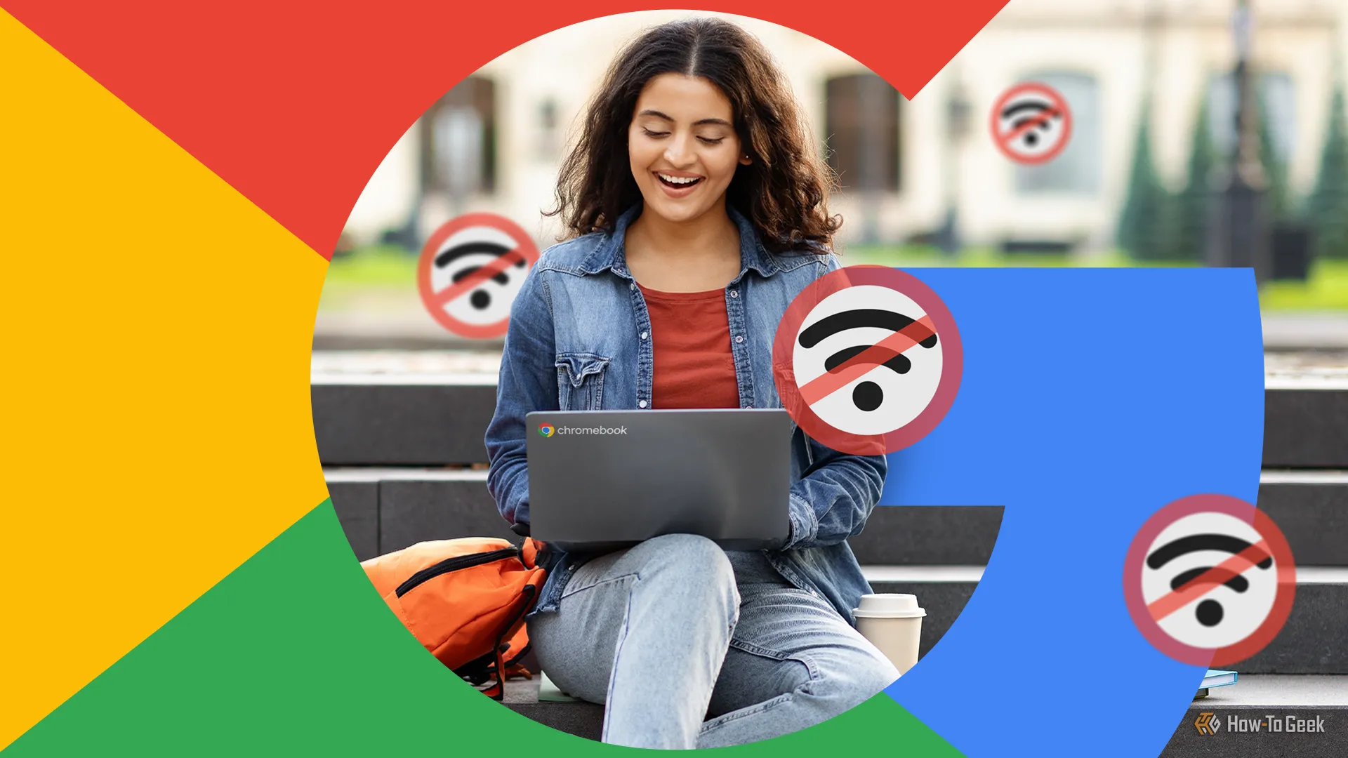 Một người phụ nữ đang mỉm cười sử dụng Chromebook của mình, xung quanh là biểu tượng ngoại tuyến, minh họa cho các vấn đề kết nối Wi-Fi trên Chromebook.