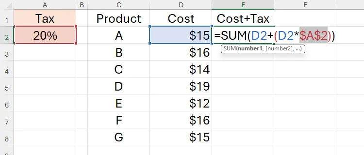 Tham chiếu tương đối đến ô A2 trong Excel được chuyển thành tham chiếu tuyệt đối, thể hiện qua các ký hiệu đô la được thêm vào